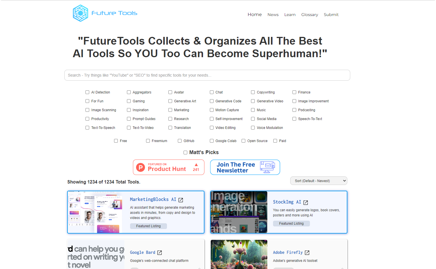 The website FutureTools: “FutureTools Collects & Organizes All The Best AI Tools So YOU Too Can Become Superhuman!”, with a search box and a grid of category filters and tool cards.