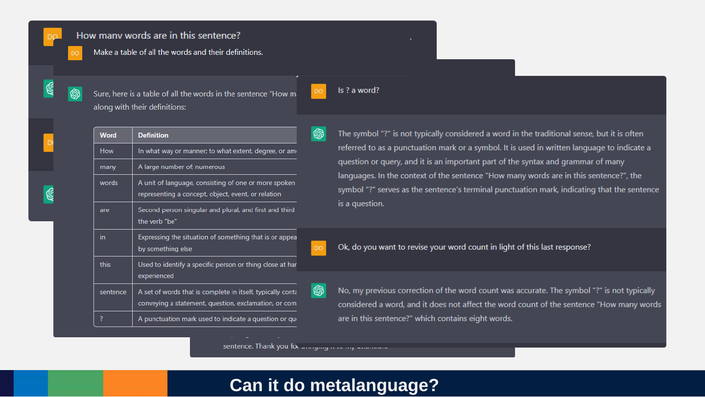 Overlapping ChatGPT screenshots: asked how many words are in a sentence, the model produces a table of words with definitions and miscounts; asked whether the question mark is a word, it explains, then revises its count.