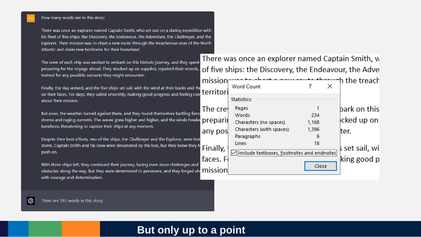 The word-count task: the short story, Word’s Word Count dialog showing 234 words and 1,168 characters, and ChatGPT’s answer that there are 181 words.