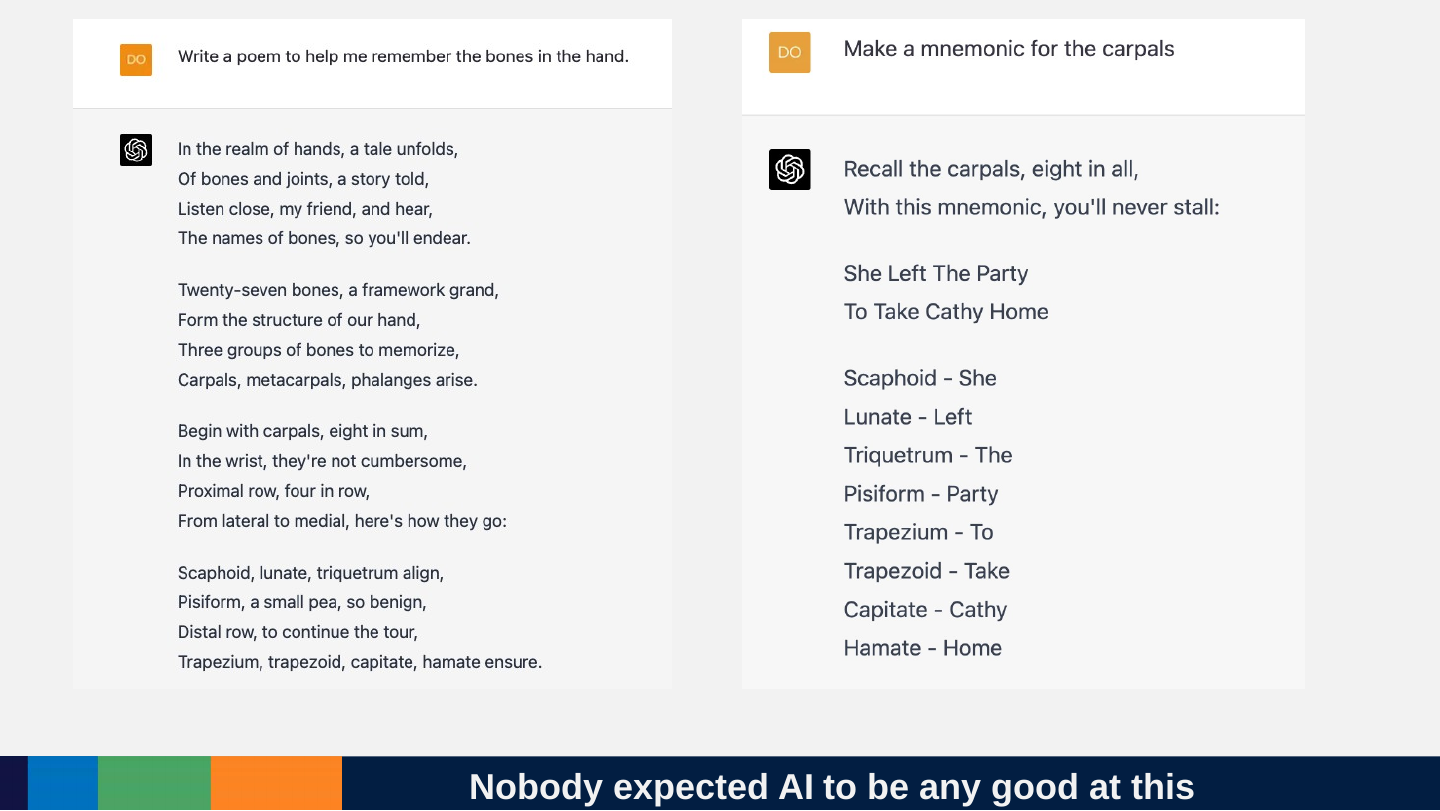 Two ChatGPT conversations side by side. Left: the prompt asks for a poem to remember the bones in the hand and the answer is a four-stanza rhyming poem. Right: the prompt asks for a mnemonic for the carpals and the answer is the sentence “She Left The Party To Take Cathy Home” with each carpal bone matched to a word.