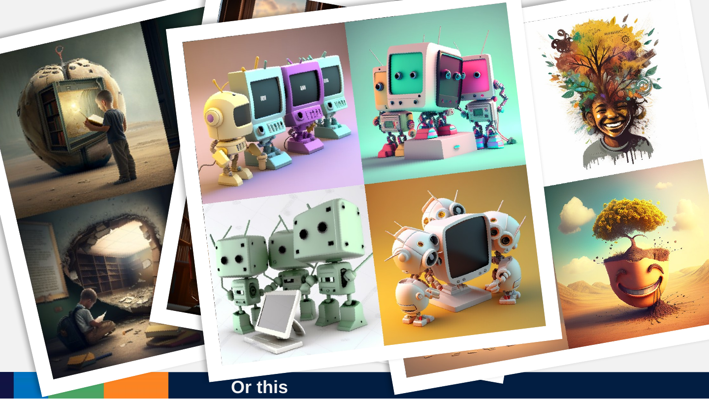 A collage of AI-generated pictures: a man sitting beside a hole in a wall, colourful retro robot and computer characters, a smiling person with a tree of leaves for hair, and a robot reading in a hollow.