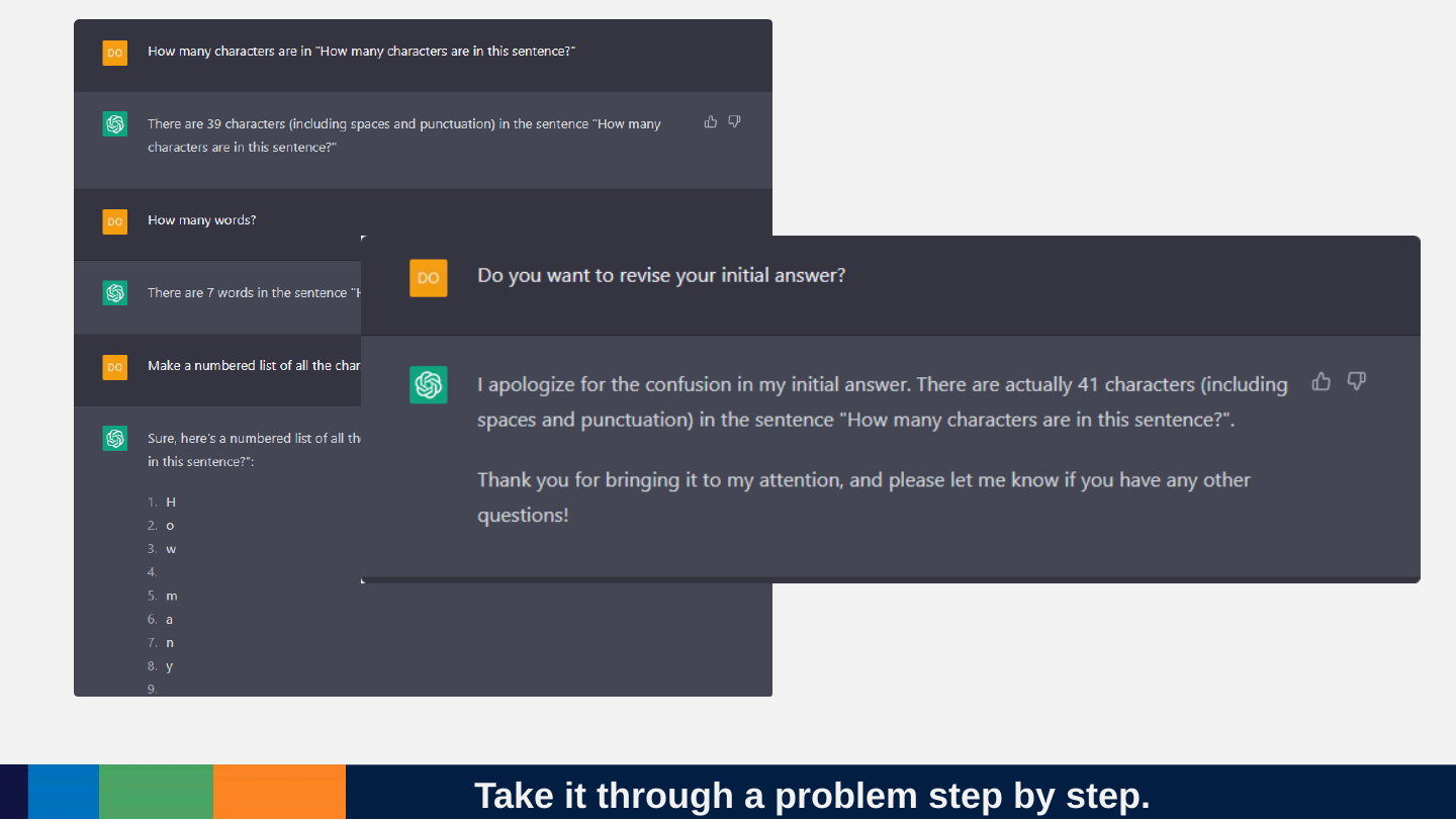 Overlapping ChatGPT screenshots: the model is asked to count characters, says 39, then lists the characters one by one and, asked whether it wants to revise its answer, apologises and says there are actually 41.