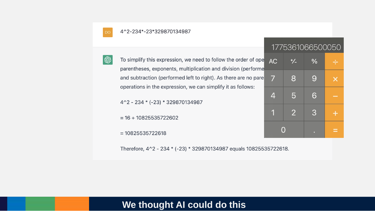 A ChatGPT conversation about the arithmetic “4^2 - 234 * (-23) * 329870134987”: it works through the steps and its answer reads 10825535722618; beside it a calculator shows 1775361066500050.