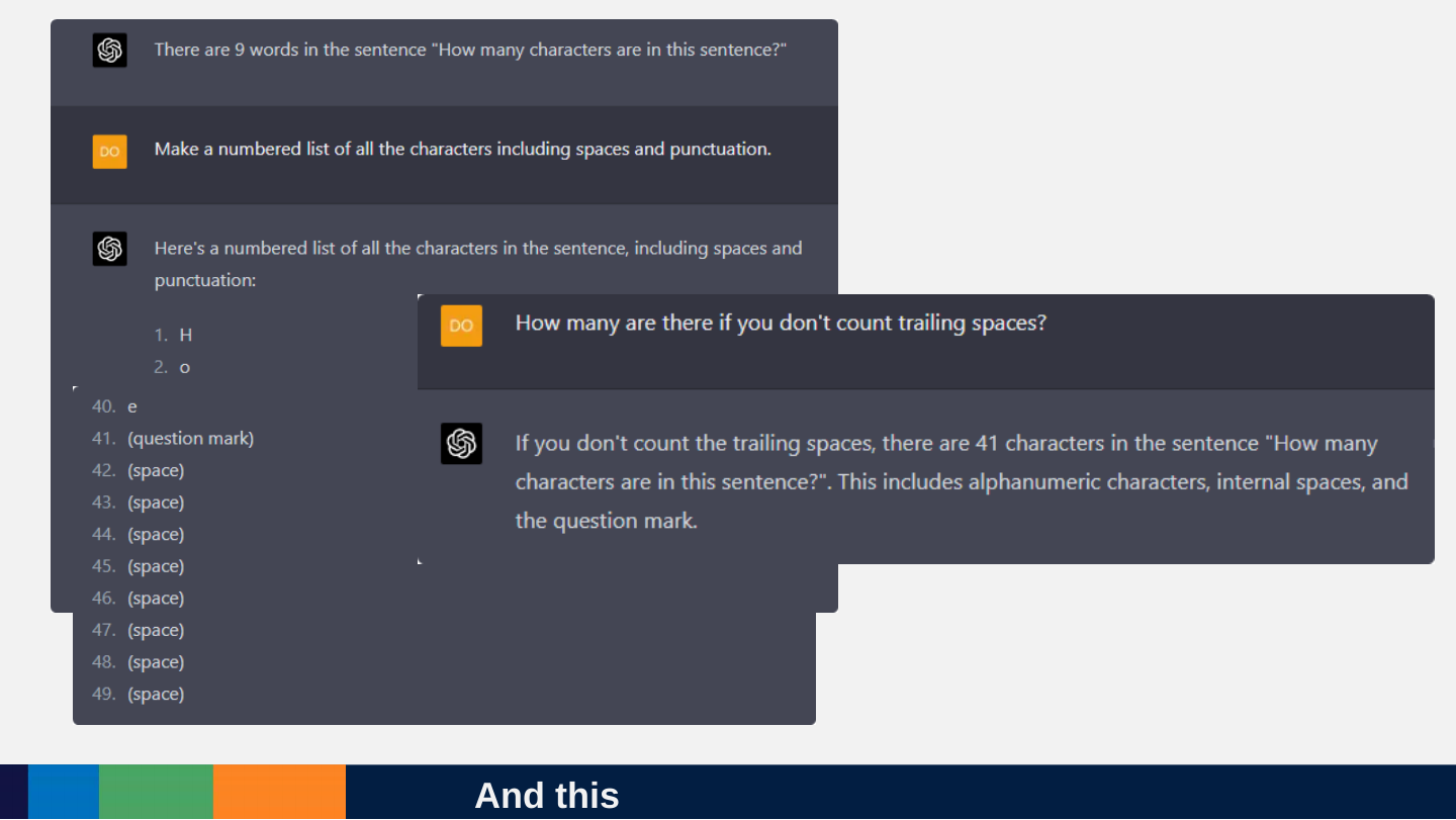 Two ChatGPT screenshots: the model numbers the characters of a sentence up to 49, listing spaces separately; asked how many there are if trailing spaces are not counted, it answers 41.