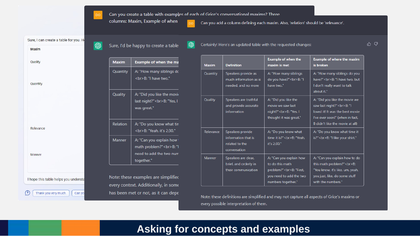 Two ChatGPT screenshots: asked for a table with examples of each of Grice’s maxims, it produces a table with columns Maxim, Definition and Example of when the maxim is met; a follow-up adds a column for when the maxim is broken.
