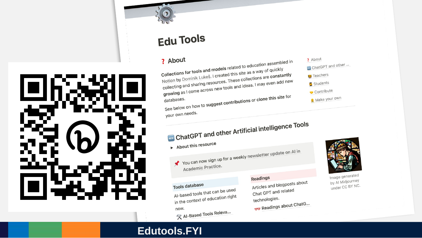 The Edutools.fyi website, a Notion page with “ChatGPT and other Artificial intelligence Tools”, a tools database and readings, beside a QR code.