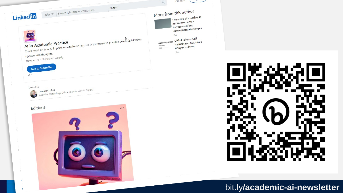 The LinkedIn newsletter “AI in Academic Practice” with a cartoon computer with a puzzled face, beside a QR code.