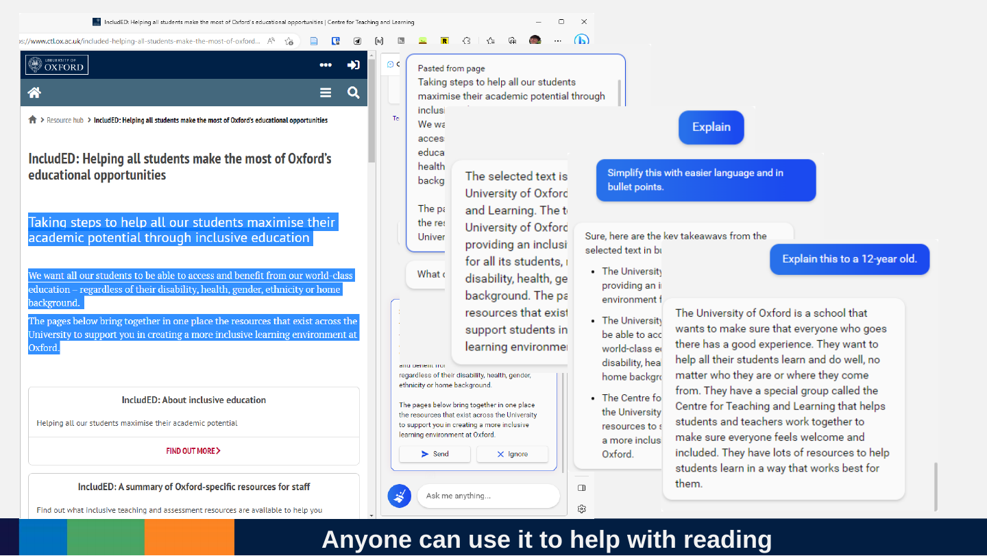 Screenshots of a university web page with a chat panel: the user selects text and asks the assistant to explain, simplify it with easier language and explain it to a 12-year-old; the assistant’s replies appear in the side panel.