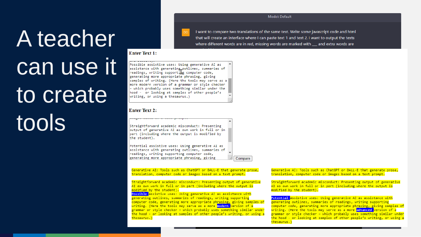 A teacher’s prompt asking for a tool that compares two translations of the same text and a web form with two text boxes below it, with the differences between the two texts highlighted in yellow.