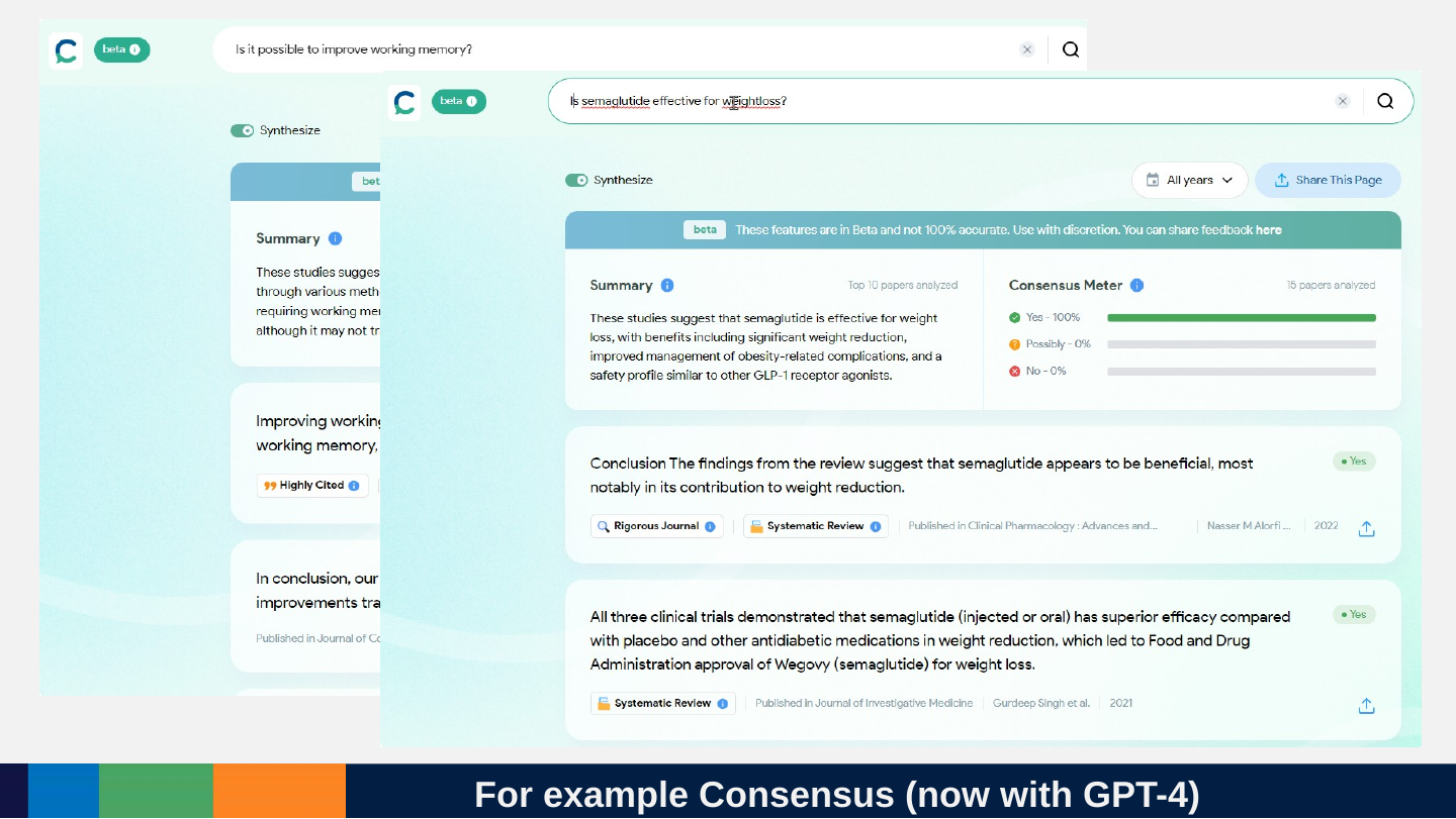 Two screenshots of Consensus, a search tool: a question about whether it is possible to improve working memory, with a summary of the evidence and a list of papers with their findings.