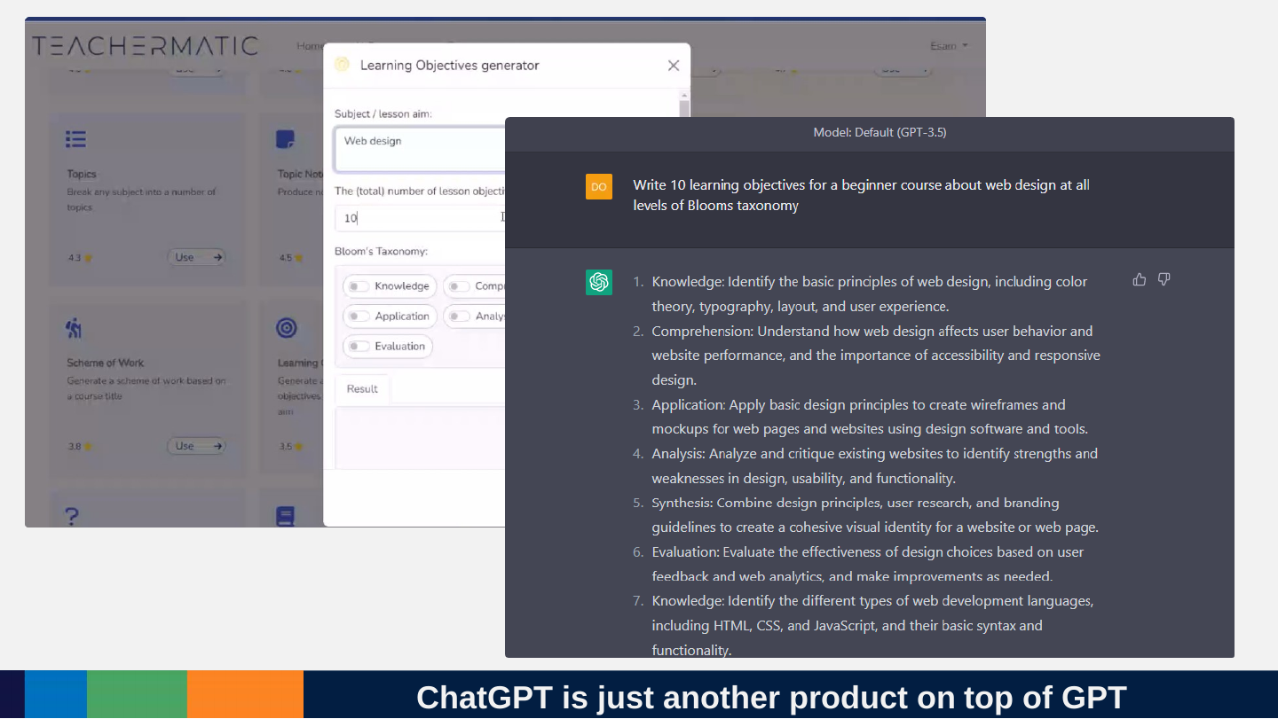 Two screenshots: on the left, the TeacherMatic tool with a learning objectives generator; on the right, ChatGPT asked to write 10 learning objectives for a beginner course about web design, which it lists.