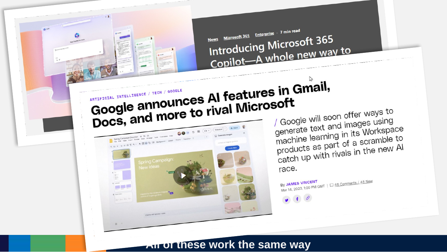 Two overlapping news articles: “Introducing Microsoft 365 Copilot—A whole new way to work” and “Google announces AI features in Gmail, Docs, and more to rival Microsoft”.