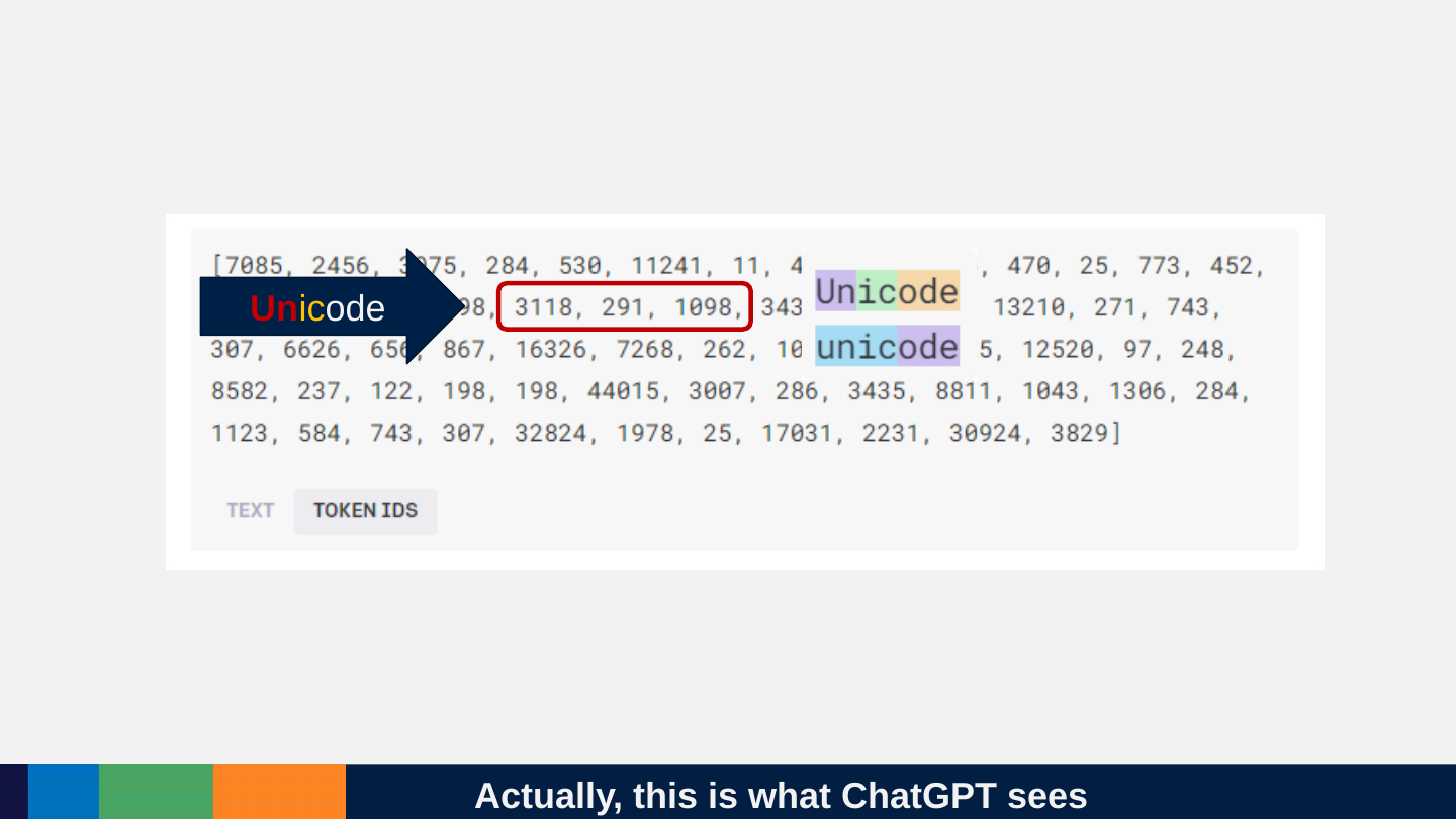 A line of numbers in square brackets, the token IDs of a text, with a large arrow from the word “Unicode” to the group of token numbers 3118, 291 and 1098 that stand for it.