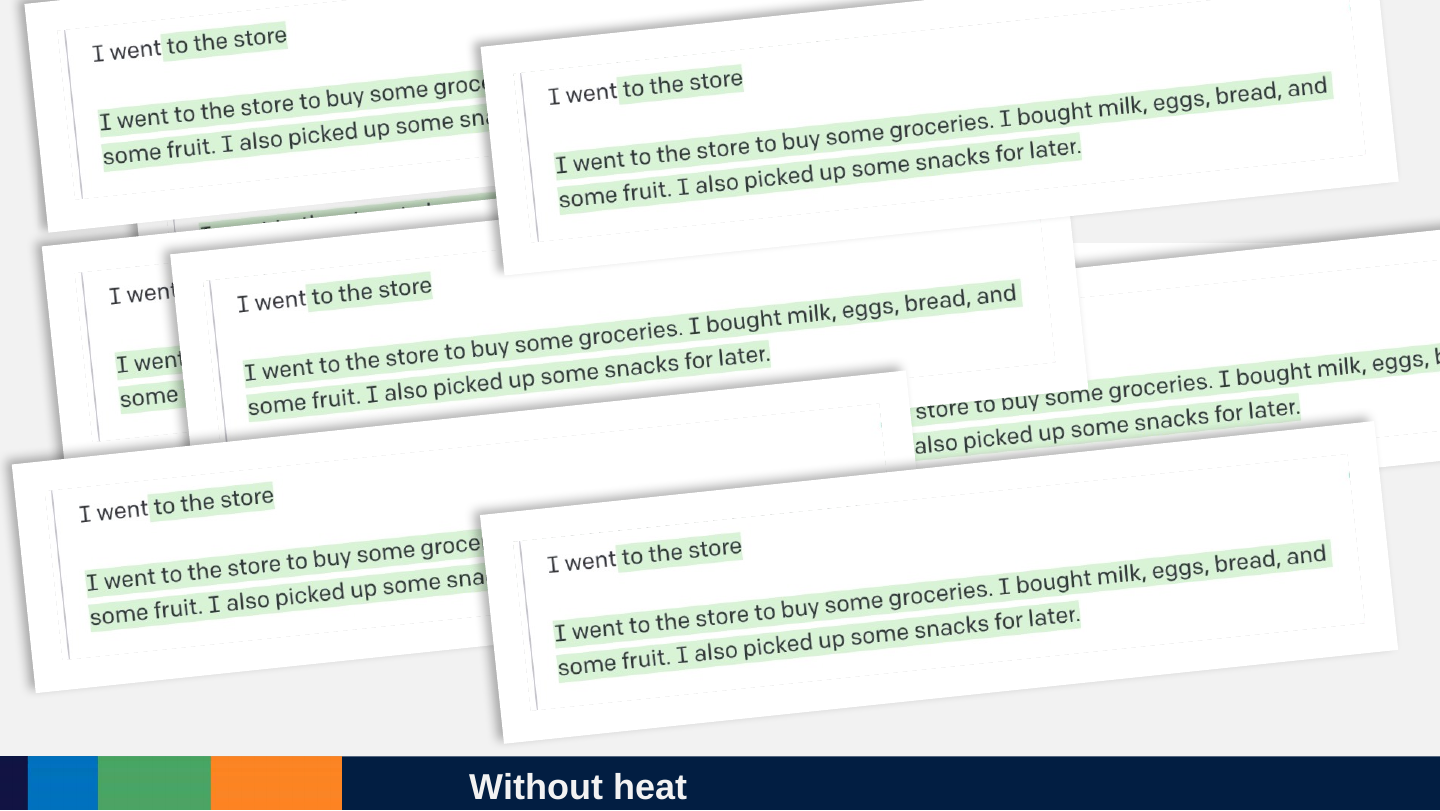 Several overlapping text outputs of “I went to the store to buy some groceries. I bought milk, eggs, bread, and some fruit. I also picked up some snacks for later.”, which are the same each time.