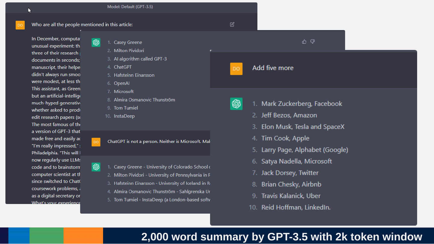 Three overlapping ChatGPT (GPT-3.5) screenshots in which the model lists the people mentioned in an article, first correctly, then when asked for five more it invents names such as Mark Zuckerberg, Jeff Bezos, Elon Musk, Tim Cook and Larry Page.