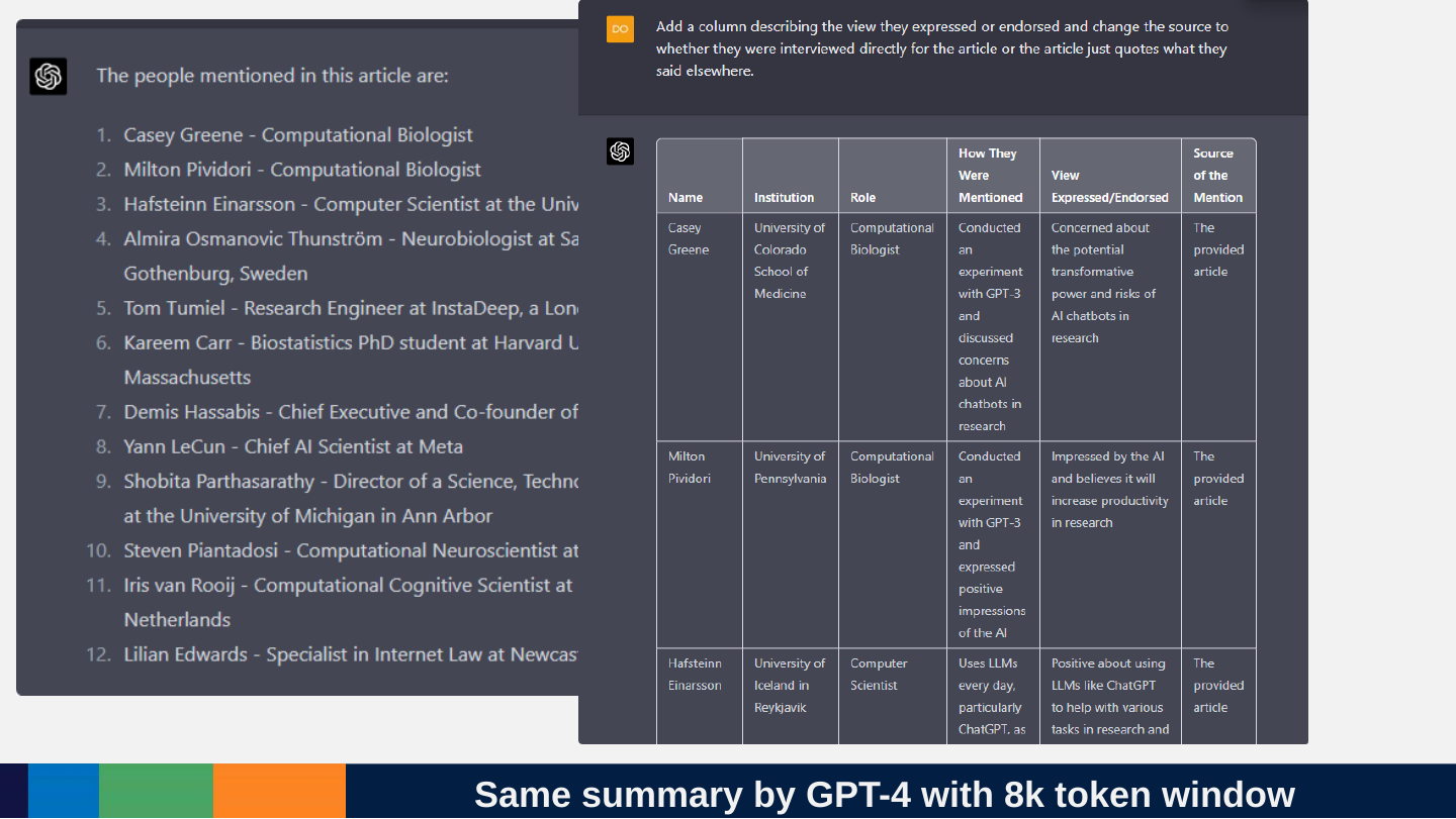 Two ChatGPT (GPT-4) screenshots in which the model lists the people mentioned in the article and then adds a table with name, institution, role and how they were mentioned.