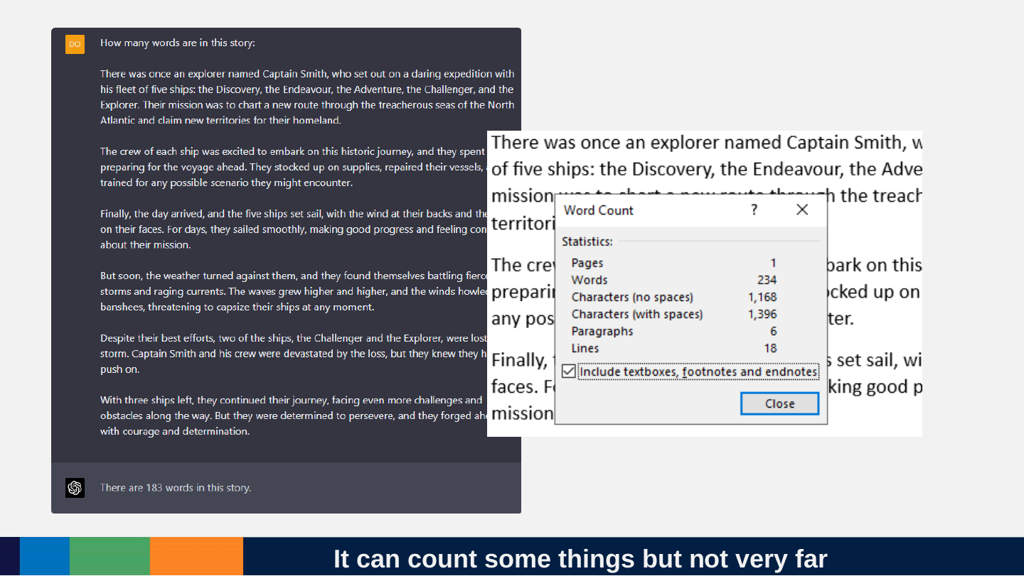 A word-count task: a short story and Word’s Word Count dialog showing 234 words, beside ChatGPT’s answer, “There are 181 words in this story.”