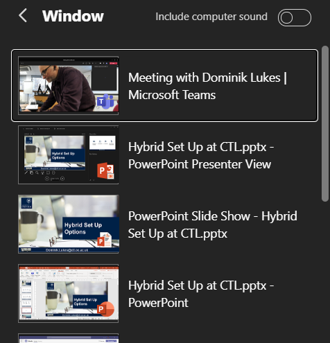 Screenshot of the Teams share-window list: Meeting with Dominik Lukes | Microsoft Teams, Hybrid Set Up at CTL.pptx - PowerPoint Presenter View, PowerPoint Slide Show - Hybrid Set Up at CTL.pptx, and Hybrid Set Up at CTL.pptx - PowerPoint.