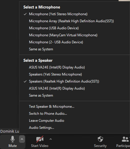 Screenshot of a conferencing application's audio menu with “Select a Microphone” and “Select a Speaker” lists of devices (Yeti Stereo Microphone, USB Audio Device, ASUS VA24E, Realtek High Definition Audio and others), followed by Test Speaker & Microphone, Switch to Phone Audio, Leave Computer Audio and Audio Settings.