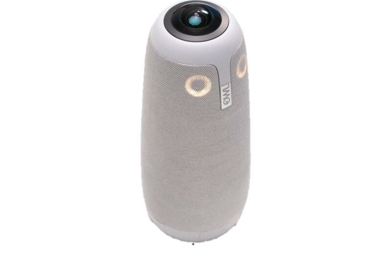 Photograph of the Meeting Owl Pro, a tall cylindrical 360-degree camera and speaker.