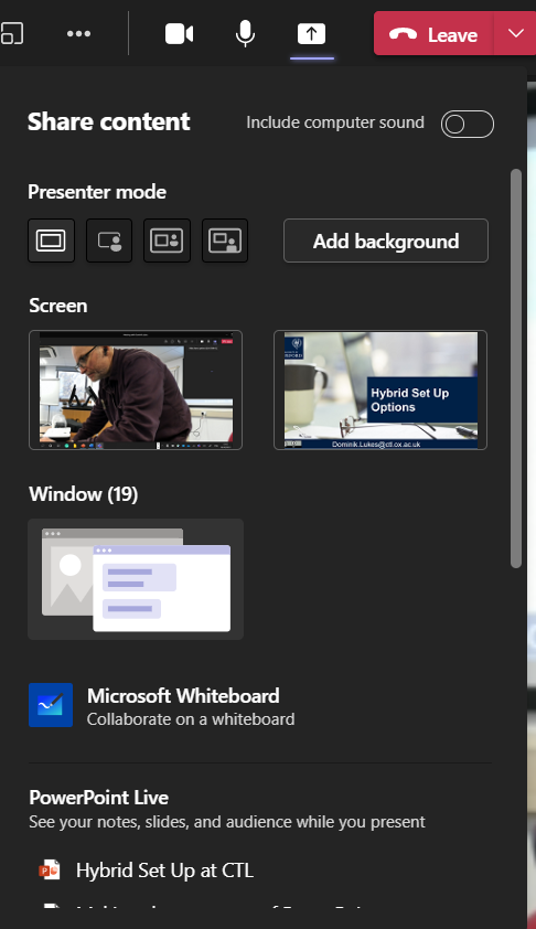 Screenshot of the Teams “Share content” panel, with Presenter mode options and Screen, Window, Microsoft Whiteboard and PowerPoint Live sections.