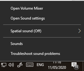 Screenshot of a small Windows sound menu with Open Volume Mixer, Open Sound settings, Spatial sound (Off) and Troubleshoot sound problems.