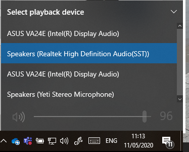 Screenshot of the Windows sound menu “Select playback device”, listing ASUS VA24E (Intel(R) Display Audio), Speakers (Realtek High Definition Audio(SST)) highlighted, ASUS VA24E again and Speakers (Yeti Stereo Microphone).