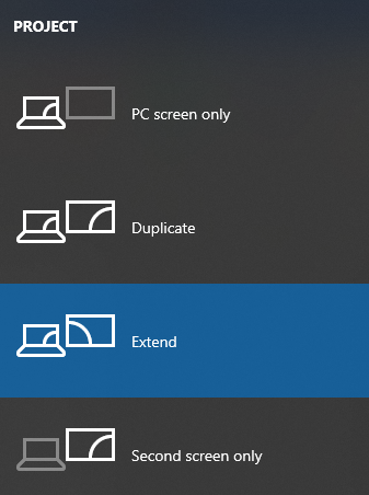 Screenshot of the Windows Project menu with four options: PC screen only, Duplicate, Extend (highlighted) and Second screen only.