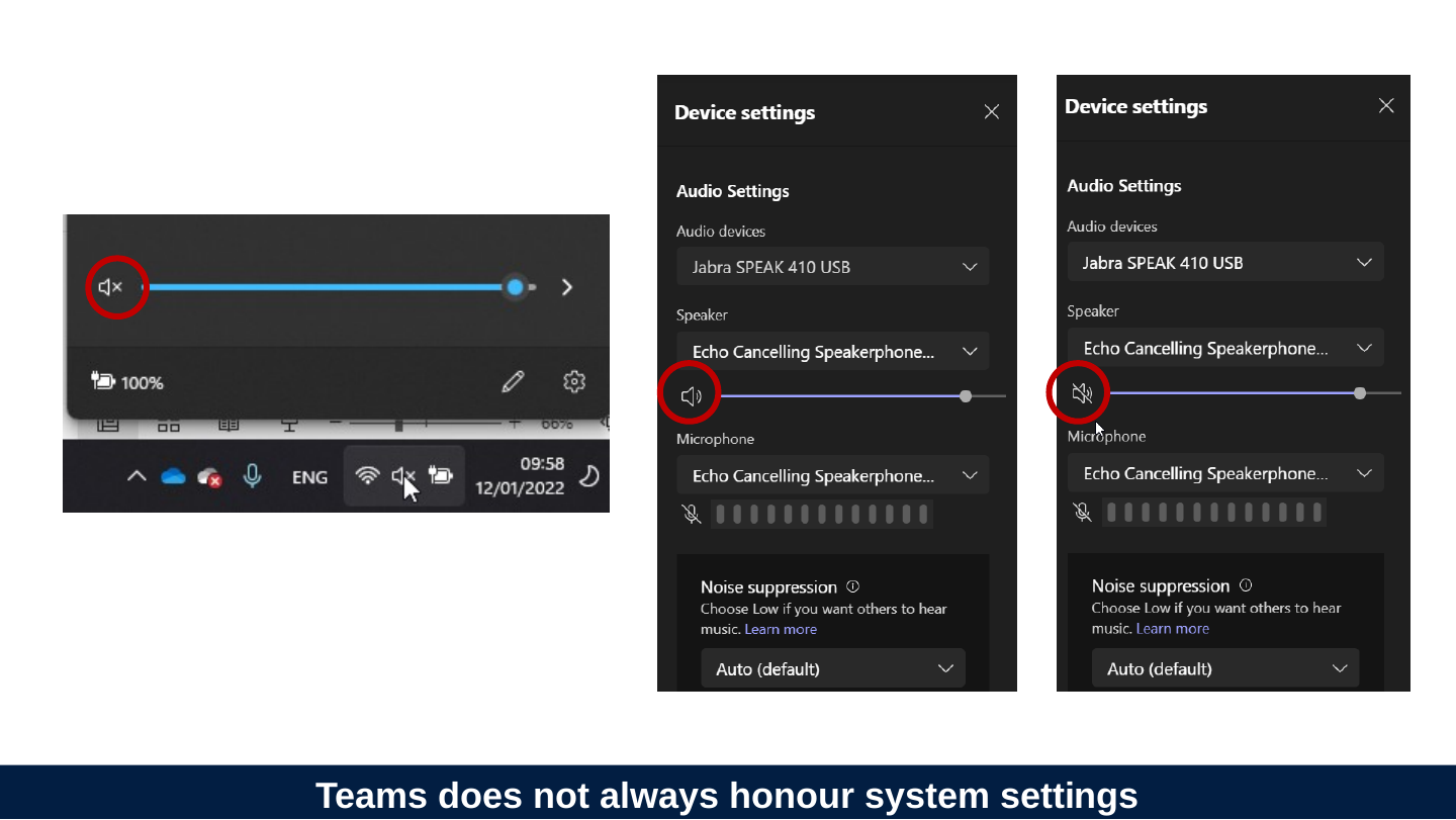 The slide's original page: three screenshots side by side. Left: the Windows volume slider, with the speaker icon at its left end crossed out for mute and circled in red, above the taskbar showing the time 09:58 and the date 12/01/2022 with the mouse pointer on the taskbar speaker icon. Middle: the Teams “Device settings” panel, with Audio devices Jabra SPEAK 410 USB, Speaker and Microphone both “Echo Cancelling Speakerphone…” and Noise suppression Auto (default); the speaker icon beside the speaker volume slider is not crossed out and is circled in red. Right: the same panel with the speaker icon crossed out and circled in red. In both panels a crossed-out microphone icon sits beside the microphone level bars.