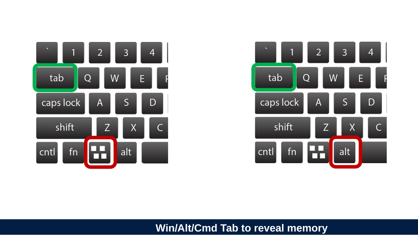 The slide's original page: two parts of a keyboard side by side. On the left the tab key is outlined in green and the Windows key in red. On the right the tab key is outlined in green and the alt key in red.