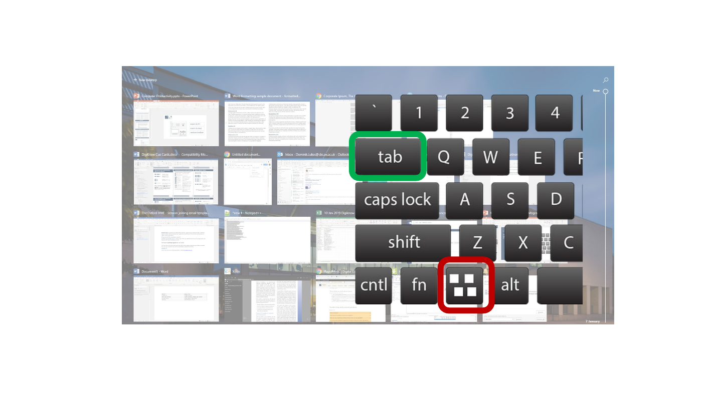 The slide's original page: a screenshot of the Windows Alt-Tab task switcher showing many open windows, with part of a keyboard drawn over its right side; the tab key is outlined in green and the Windows key in red.