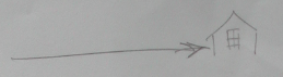 Pencil sketch of a long arrow pointing at a house with a window.