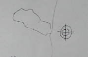 Pencil sketch of an irregular blob beside a vertical line and a target symbol.