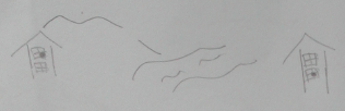 Pencil sketch of two houses with wavy lines between them.