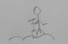 Pencil sketch of a stick figure standing on a hill.
