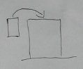 Pencil sketch of a small rectangle beside a larger rectangle, with a curved arrow from the small one to the top of the large one.