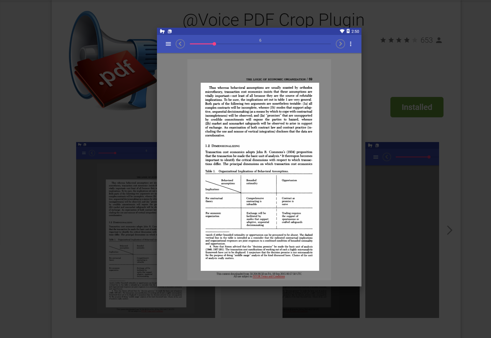 Screenshot of the @Voice PDF Crop Plugin: a PDF page shown cropped in a dark overlay.