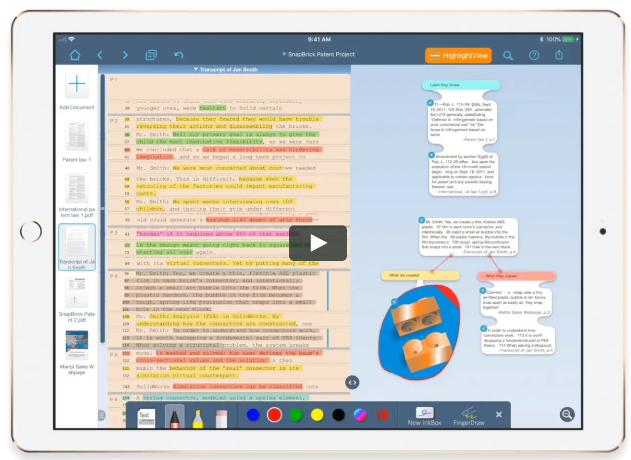 An iPad showing LiquidText with documents, highlights and collected excerpts, with the LiquidText logo and a play button over it.