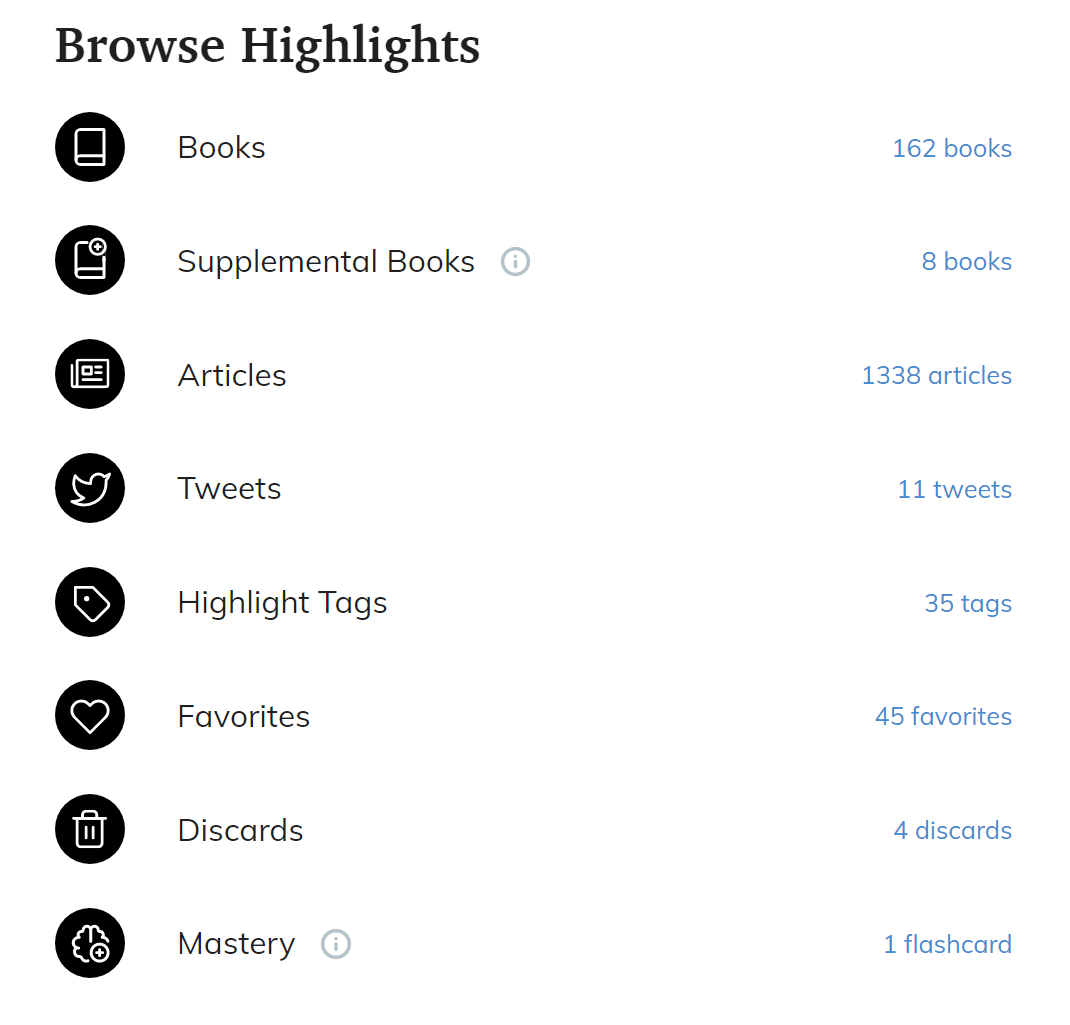 Readwise’s Browse Highlights menu: Books, Supplemental Books, Articles, Tweets, Highlight Tags, Favorites, Discards and Mastery.