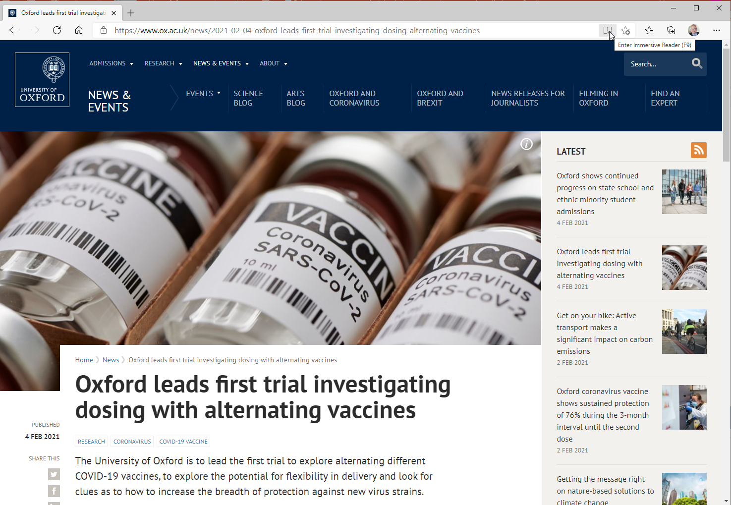 Screenshot of the University of Oxford news page “Oxford leads first trial investigating dosing with alternating vaccines”, with a photograph of vaccine vials, in Microsoft Edge.