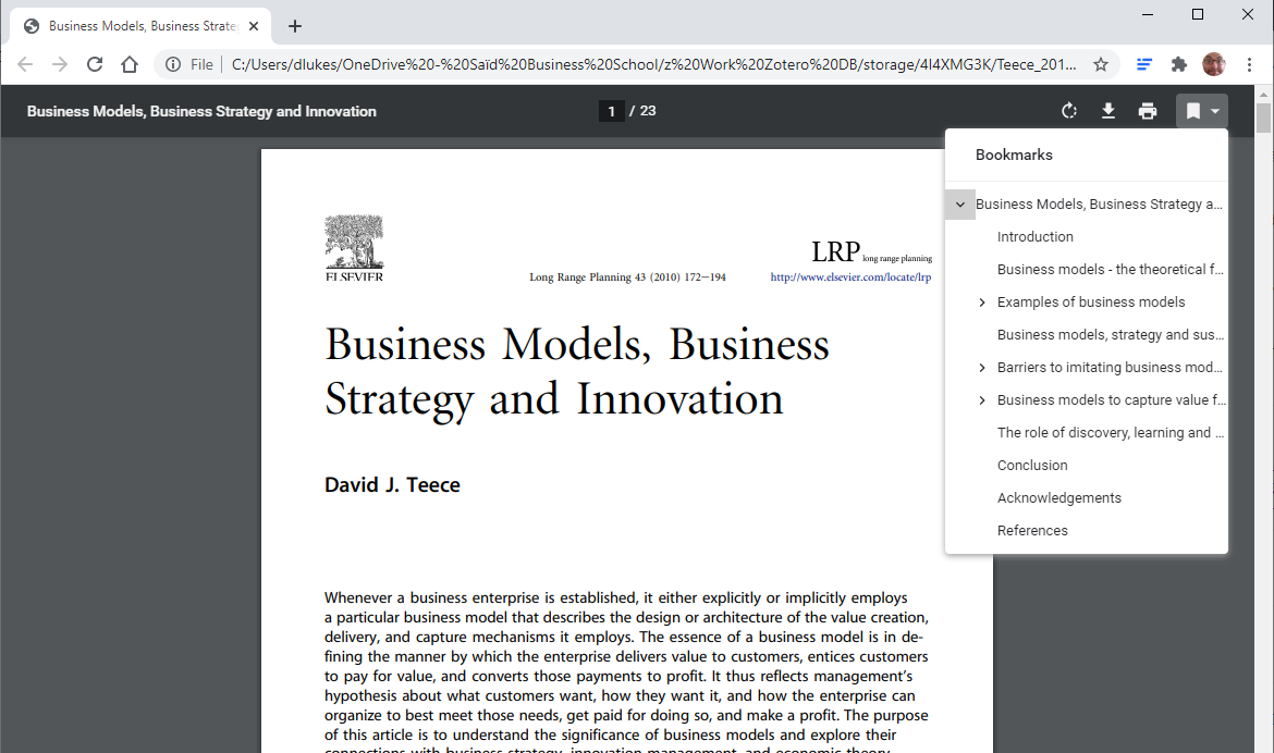 Screenshot of Chrome’s PDF viewer showing the paper “Business Models, Business Strategy and Innovation” by David J. Teece, with a Bookmarks outline open on the right.