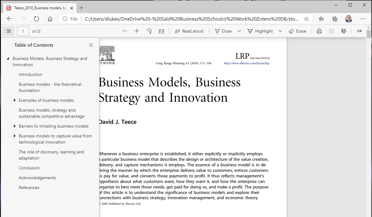 Screenshot of the Microsoft Edge PDF viewer showing the same paper with a Table of Contents pane on the left.