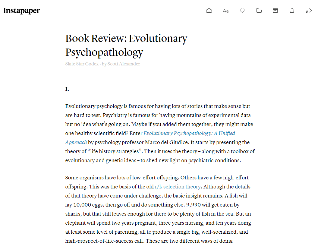 The same book review in the Instapaper reading view: one narrow column of text with a plain heading.