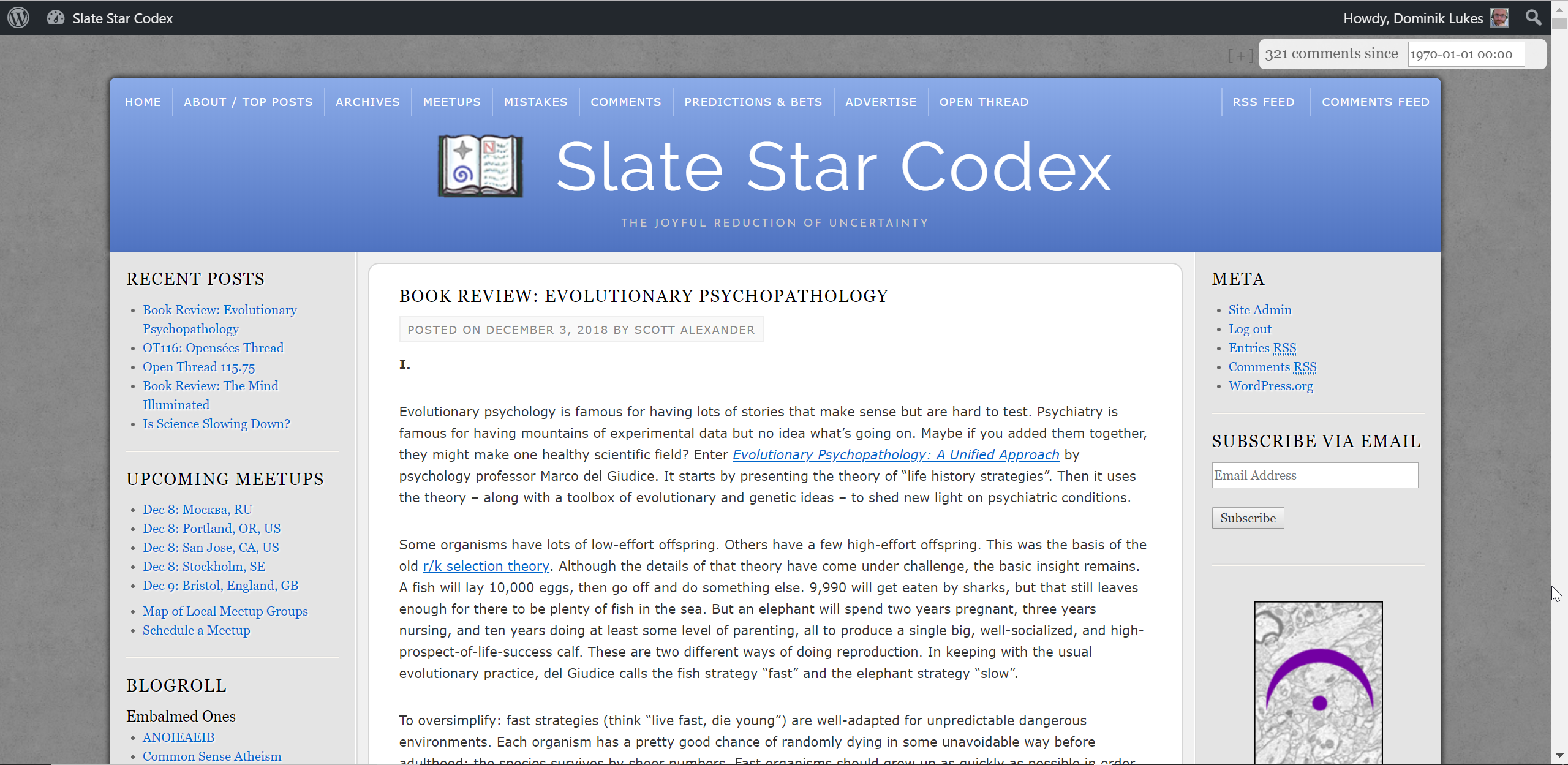 Screenshot of a blog post, “Book Review: Evolutionary Psychopathology” on Slate Star Codex, shown in a browser with a long line of small text and side columns of links.