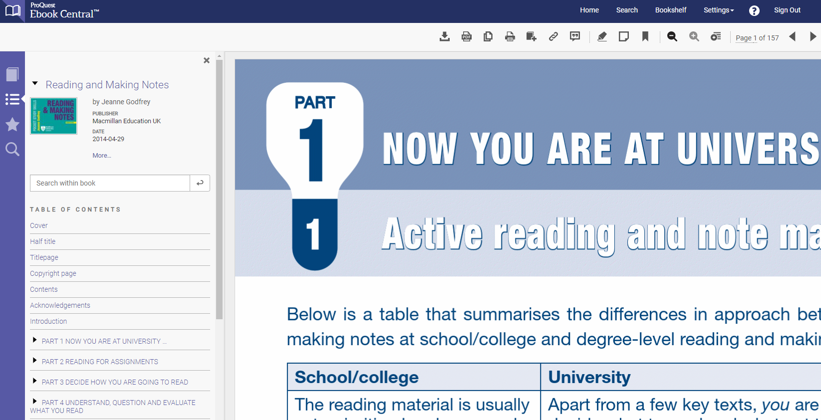 Screenshot of ProQuest Ebook Central showing a book on reading and making notes, with a table of contents on the left and the heading “Now you are at university” beside a table comparing school and university.