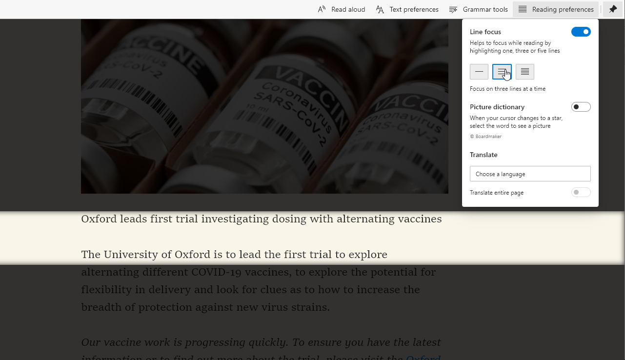 Edge Immersive Reader with the Reading preferences panel open and Line focus switched on; the text is dimmed except for a few lines.
