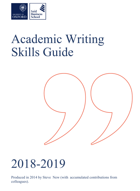 Cover of the Academic Writing Skills Guide 2018-2019 with a large orange quotation mark.