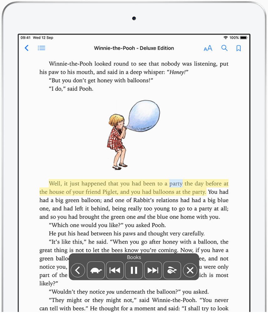 Screenshot of an iPad showing Winnie-the-Pooh with the sentence being read aloud highlighted in yellow and playback controls at the bottom.