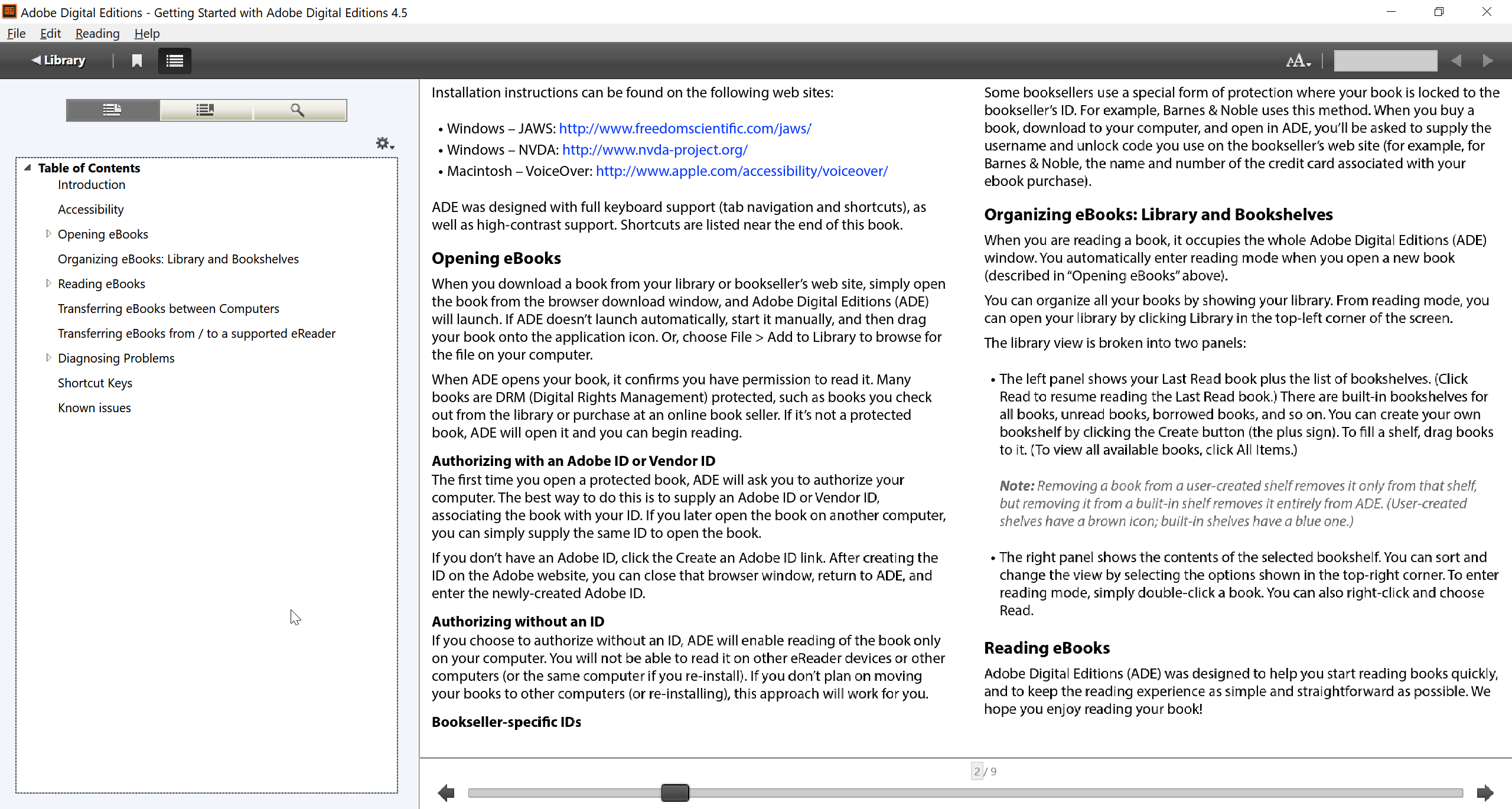 Screenshot of Adobe Digital Editions showing a protected ebook with a table of contents and two columns of small text.