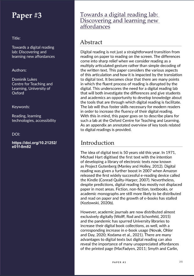 First page of a journal paper, “Towards a digital reading lab: Discovering and learning new affordances”, with its abstract and the start of the introduction, beside a dark panel with title, author, keywords and DOI.